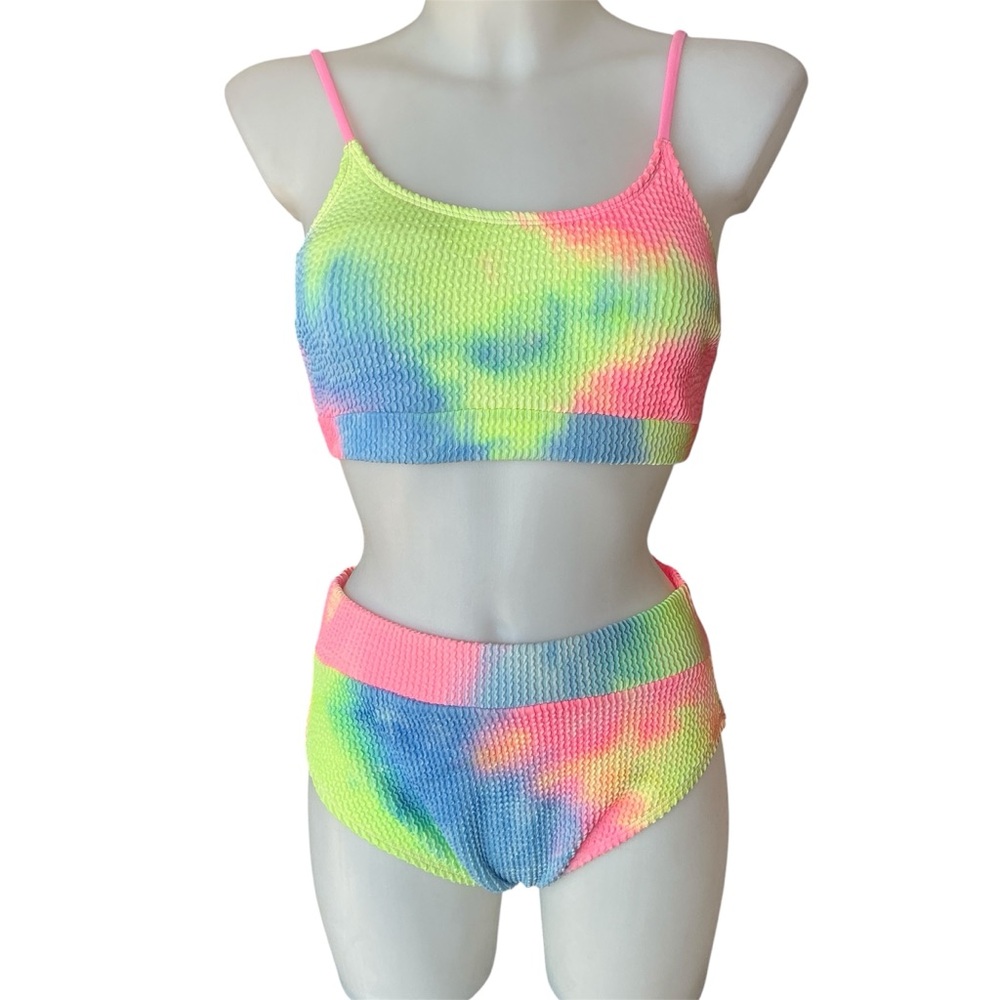 Vintage 80’s Neon Tie Dye Tank Top & Boy Shorts Bikini Set  Size Small
